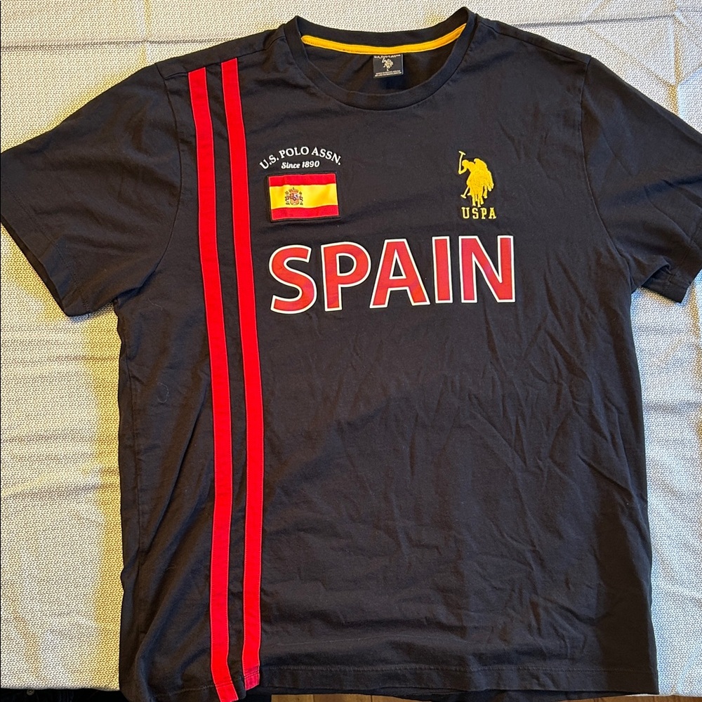 U.S. Polo Assn. Black T-Shirt with Spain and Red Stripes - Worn once!